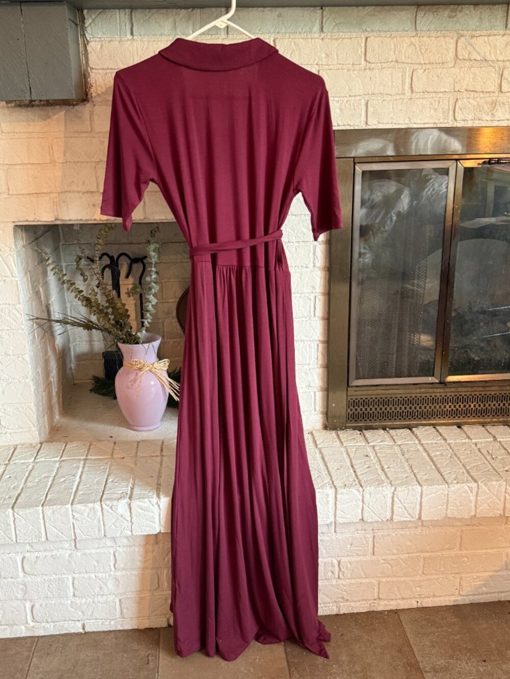 NWT Quince Tencel Jersey Midi Wrap Dress Wine V-Neck Belted Short Sleeve Women M - Picture 2 of 4